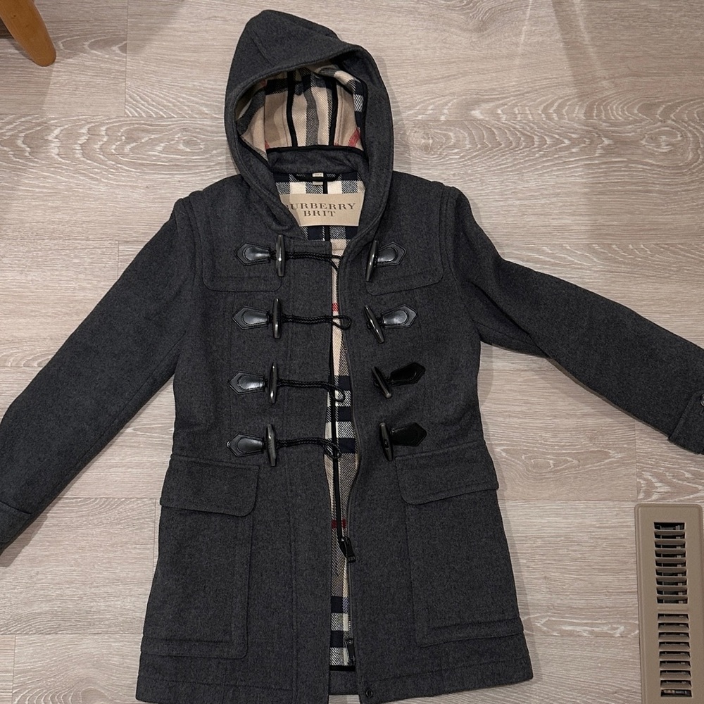 Burberry Gray Hooded Coat with Check Lining
